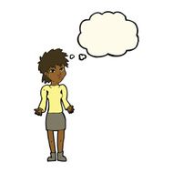 cartoon woman shrugging shoulders with thought bubble N340