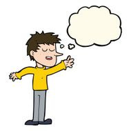 cartoon happy man reaching with thought bubble N8