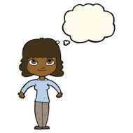 cartoon woman shrugging shoulders with thought bubble N341