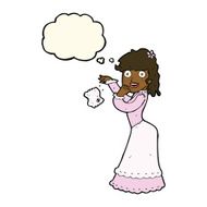 cartoon victorian woman dropping handkerchief with thought bubbl N7