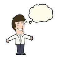 cartoon grining man with open arms thought bubble N8