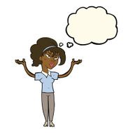 cartoon woman raising hands in air with thought bubble N14