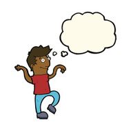 cartoon happy man doing funny dance with thought bubble N10