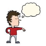 cartoon man making camp gesture with thought bubble N22