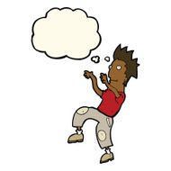 cartoon happy man doing funny dance with thought bubble N11