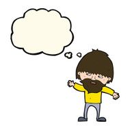 cartoon happy bearded man waving with thought bubble N7
