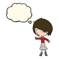 cartoon woman raising eyebrow with thought bubble N16