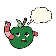 cartoon worm in apple with thought bubble N4