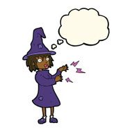 cartoon witch casting spell with thought bubble N12
