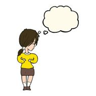 cartoon shy woman with thought bubble N35