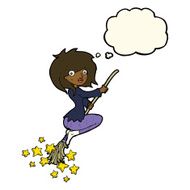cartoon witch riding broomstick with thought bubble N14