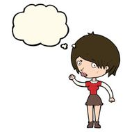 cartoon waving woman with thought bubble N92