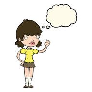 cartoon waving woman with thought bubble N93