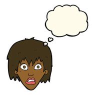cartoon frightened woman with thought bubble N19