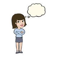 cartoon happy woman looking over with thought bubble N7