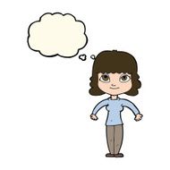 cartoon woman shrugging shoulders with thought bubble N343