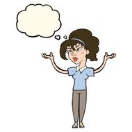 cartoon woman raising hands in air with thought bubble N15