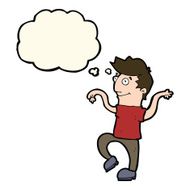 cartoon happy man doing funny dance with thought bubble N12
