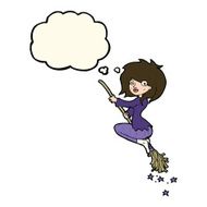 cartoon witch riding broomstick with thought bubble N15