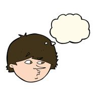 cartoon suspicious man with thought bubble N25