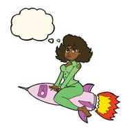 cartoon army pin up girl riding missile with thought bubble N6