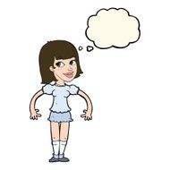 cartoon woman shrugging shoulders with thought bubble N347