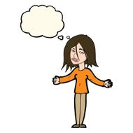 cartoon woman shrugging shoulders with thought bubble N348