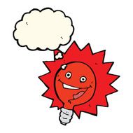 happy flashing red light bulb cartoon with thought bubble N6