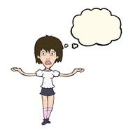 cartoon woman shrugging shoulders with thought bubble N349