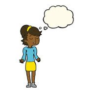 cartoon woman shrugging shoulders with thought bubble N350