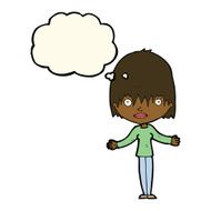 cartoon woman shrugging shoulders with thought bubble N351