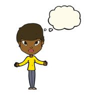 cartoon woman shrugging shoulders with thought bubble N352