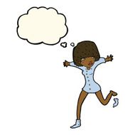 cartoon woman kicking off sock with thought bubble N6