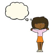 cartoon woman raising arms in air with thought bubble N7