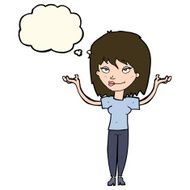 cartoon woman shrugging with thought bubble N46