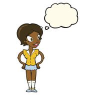 cartoon happy woman in short skirt with thought bubble N7