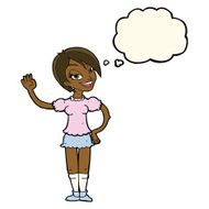 cartoon waving woman with thought bubble N95
