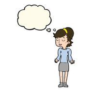 cartoon woman shrugging shoulders with thought bubble N354
