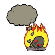 cartoon burning old bones with thought bubble N4