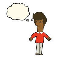 cartoon suspicious man with thought bubble N26