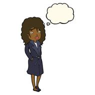 cartoon woman in trench coat with thought bubble N16