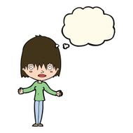 cartoon woman shrugging shoulders with thought bubble N355
