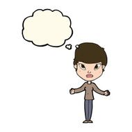 cartoon woman shrugging shoulders with thought bubble N356