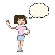 cartoon woman waving with thought bubble N267