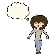 cartoon woman shrugging shoulders with thought bubble N357
