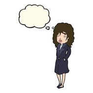cartoon woman in trench coat with thought bubble N17