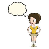 cartoon happy woman in short skirt with thought bubble N8