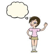 cartoon waving woman with thought bubble N97