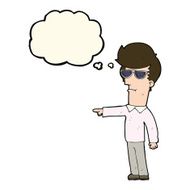 cartoon man in glasses pointing with thought bubble N8