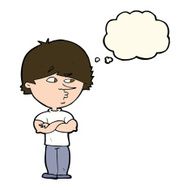 cartoon suspicious man with thought bubble N29